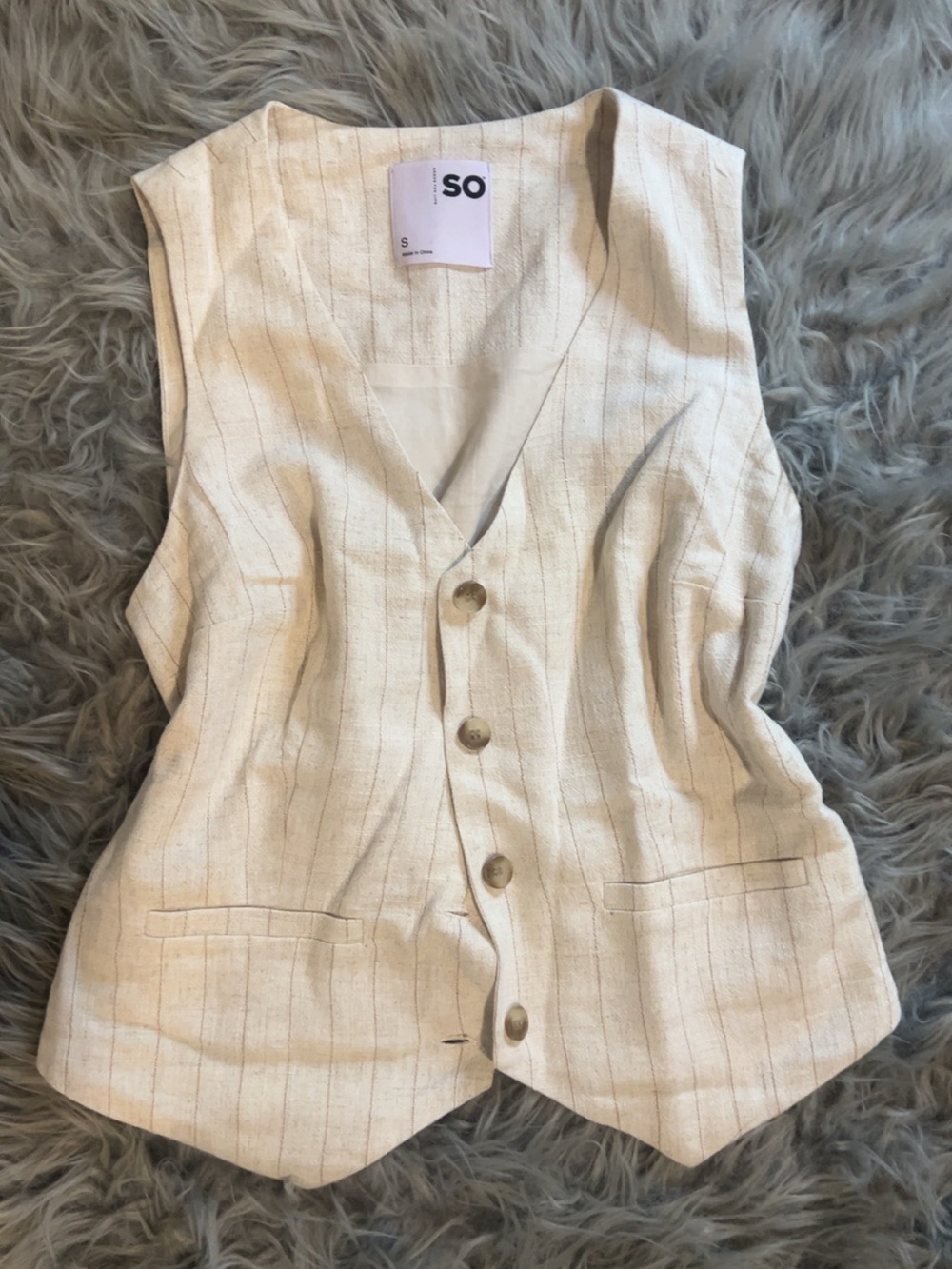 SO Beige Pinstripe Linen-Blend Vest